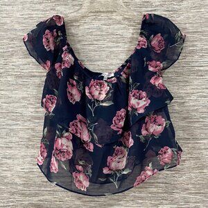 Lucy Pass Navy Floral Chiffon Ruffled Blouse With Pink Peony Print - Small NWT